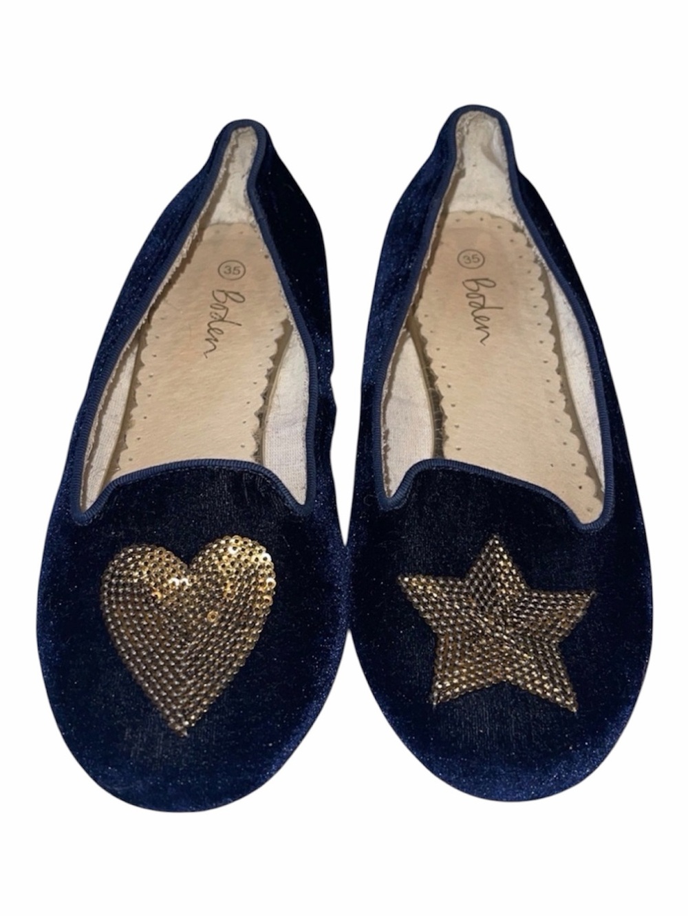 Girls Boden Navy Blue Velvet Shoes with Sequin Heart & Star Size 3 Flats loafers